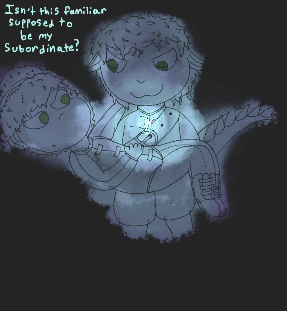 a Treble sketch of a mage and their goblin familiar. The mage is being princess carried by the goblin who is wearing a glowing green pendant which is illuminating the both of them. the enby, Cancri, is looking up at Discordio with a look of surprise, perhaps even Awe. text says: isn't this familiar supposed to be my subordinate