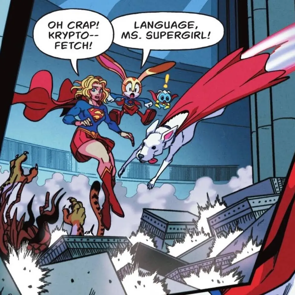 “OH CRAP! KRYPTO— FETCH!”
“Language, Ms. Supergirl!”

cream is shocked and the doggy’s tongue is out