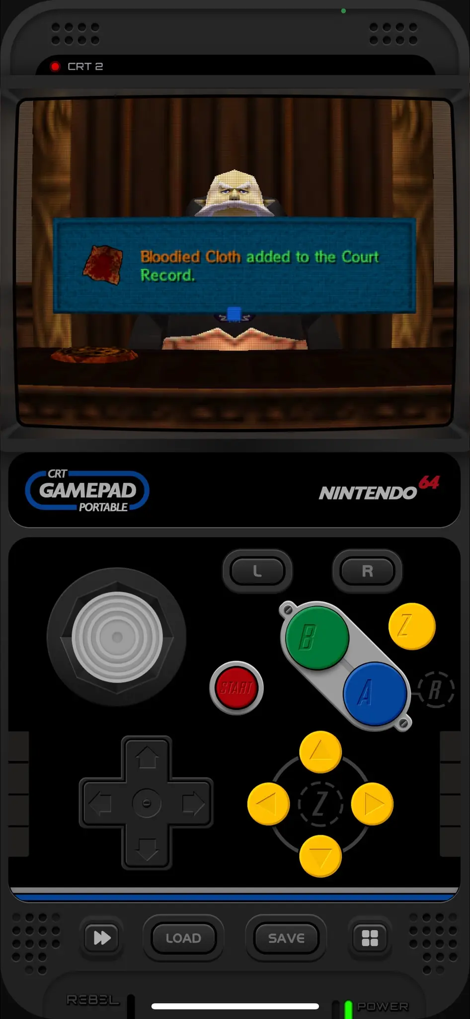 Screenshot of my emulator playing Hero of Law. It’s in the middle of a case and Ganondorf has waited until confronted about an inconsistency to “Bloodied Cloth added to the Court Record”