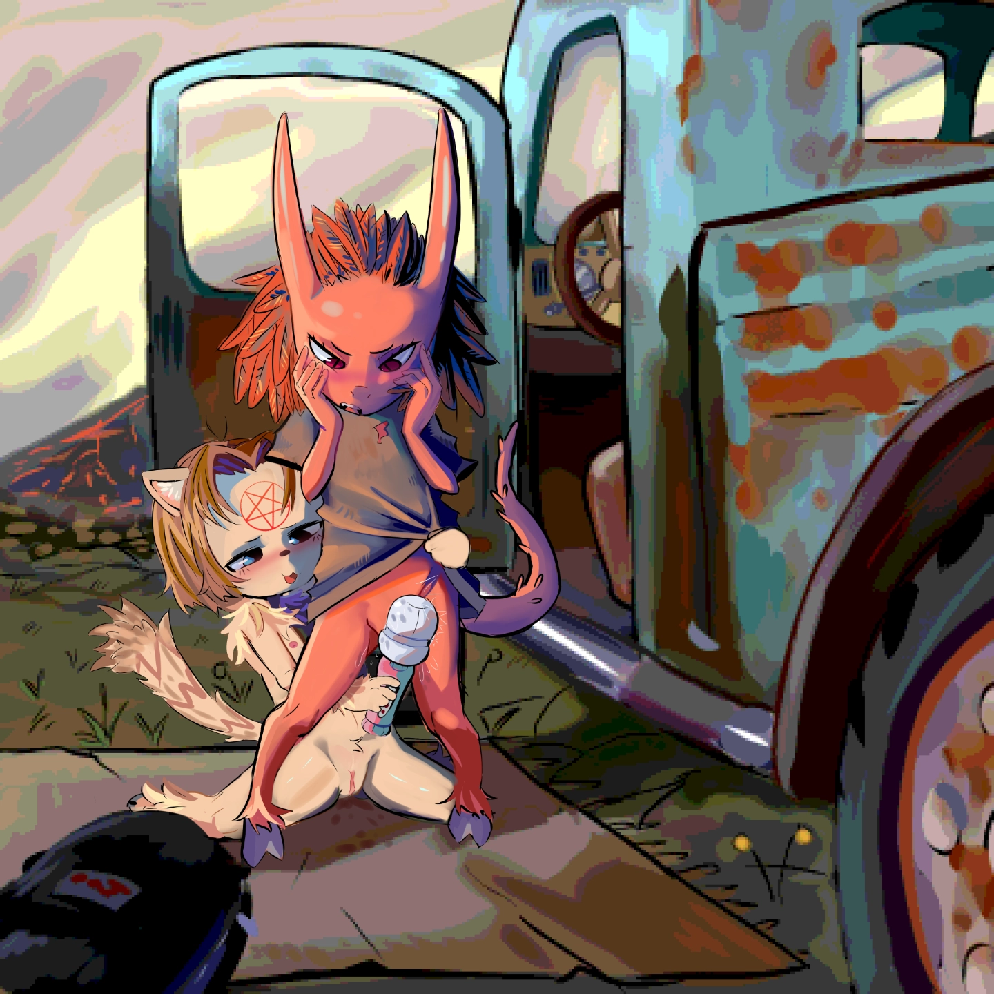 Underage furry is pleasuring an underage demon.