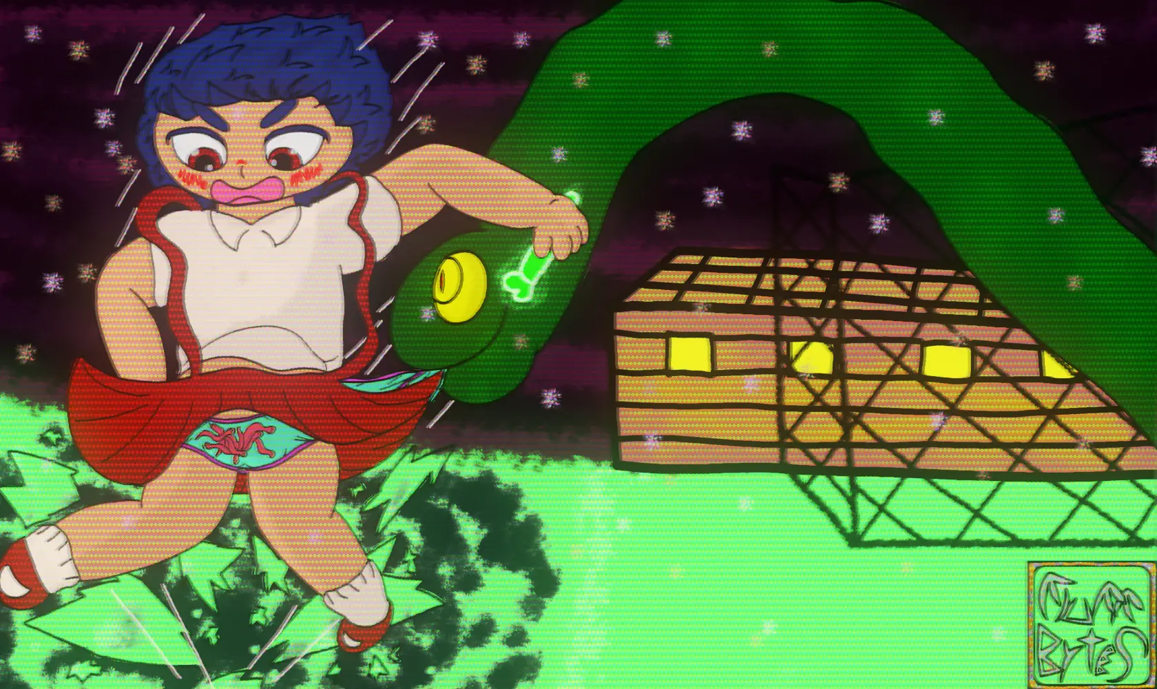 Fanart of Junkoid from Super Junkoid, a schoolgirl loli. she's being upskirted in the process of being saved from falling thru ice by a snake
