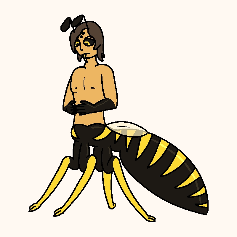 half bee sorta centaur type guy bottom half is bee/wasp and top half is humanoid but yellow and has chitin on the arms and extra eyes on the forehead and antennae