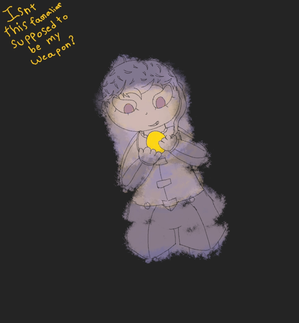 A Shota alchemist sketch. He's holding an egg that is giving off a gold light. the boy, Scrawl, has short hair and a rat's tail (hair) that goes down to his left shoulder. his expression is confused, perhaps even Enamored.
The Text says, isn't this familiar supposed to be my weapon?