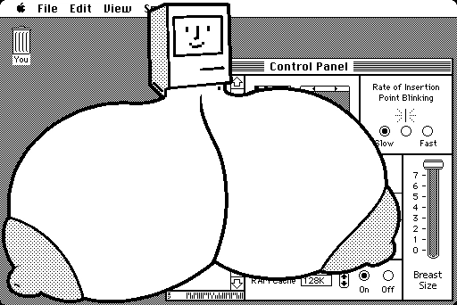 a classic Mac but with huge tits, rendered lovingly in 1-bit black and white, like a classic mac's screen would.