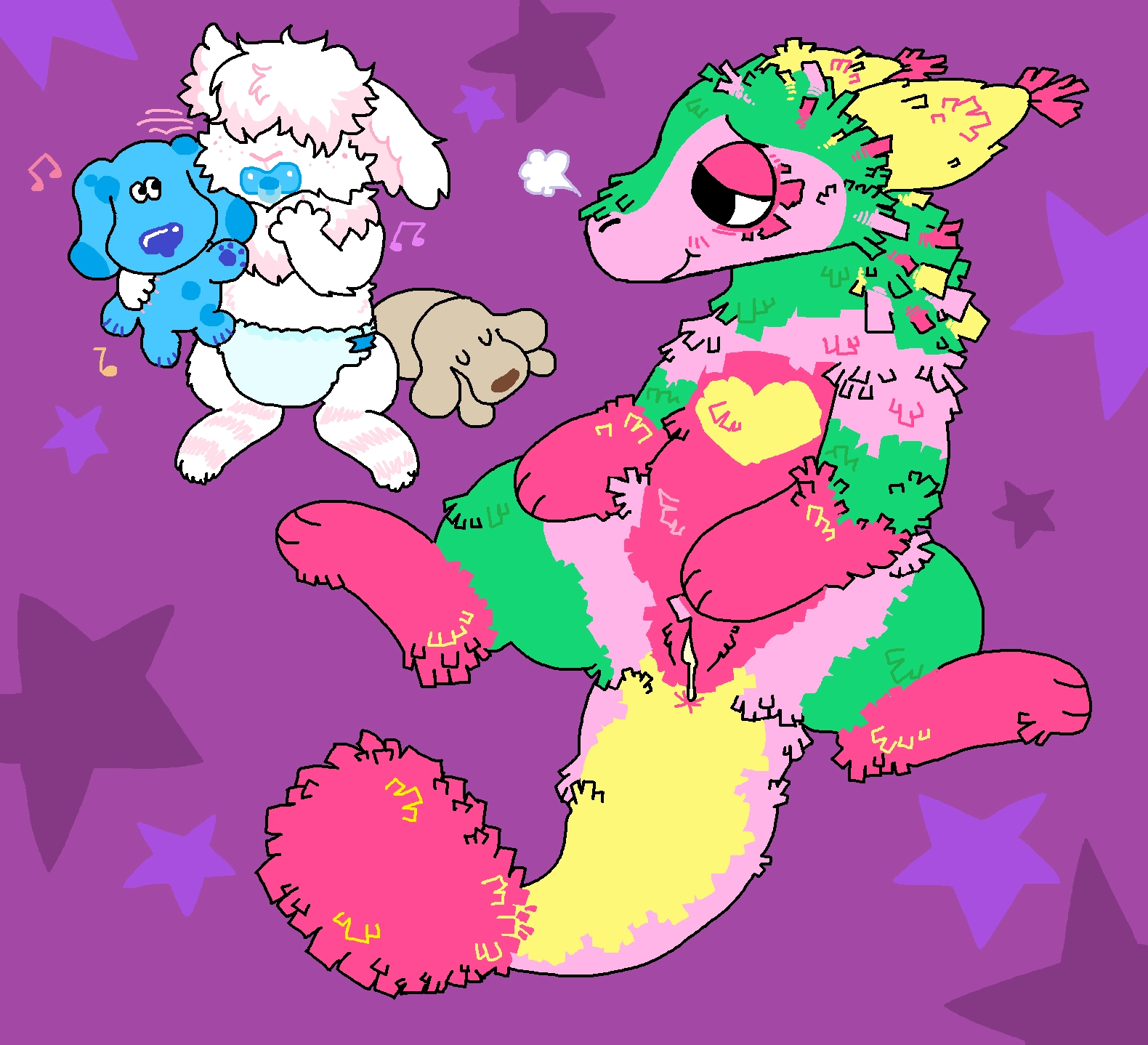 an mspaint drawing.

in front of a dark purple starry background, is a piñata sergal girl, decorated in yellow, green, pink, and hot pink papers. on her chest is a yellow heart, her tail is long with a mass of hot pink piñata paper at the end of it. she has her legs spread, and is rubbing her clit, which is stylized like piñata paper. she is gazing lovingly at a white bunny who has a blue paci. the bunny has pink stripes on their feet, shaggy hair covering their eyes, and are holding onto a blues clues plush and sit diapered next to a brown dog plush. music notes are around them, and they have a paw to their white rabbit mane.