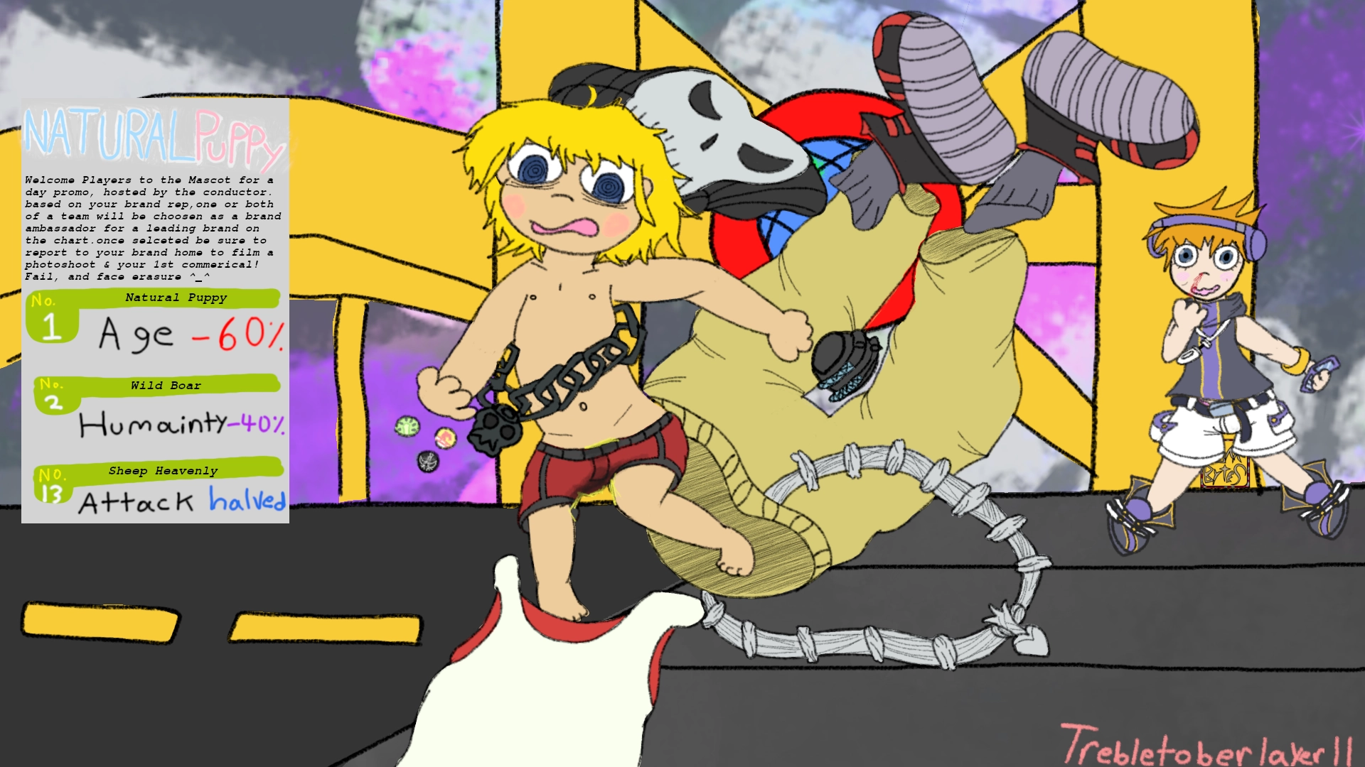 Beat from the hit game the world ends with you at towa records  facing a sudden age regression a fierce blush on his face, his clothes in a staccatoic spiral. Neku behind him mid nose bleed and blushing strongly himself. there is a widget on the left side of the image styled to look like the pause menu from the game. its a style chart. Natural Puppy is number 1 on the chart; netting users Minus 60 percent to age. Wild Boar is number 2 and nets users minus 40 to Humanity. Sheep heavenly is number 13 and nets users halved attack. above the brand bonuses a text blurb from Natural Puppy can be read Welcome Players to the Mascot for a day promo, hosted by the conductor. based on your brand rep,one or both of a team will be choosen as a brand ambassador for a leading brand on the chart.once selceted be sure to report to your brand home to film a photoshoot & your 1st commercial!  Fail, and face erasure

beat was holding 3 pins which can be seen: Rhyme, Innocence beam, and Pamper me tether 
oh and also he's pissing himself. his loose fitting boxers are damp with piss.