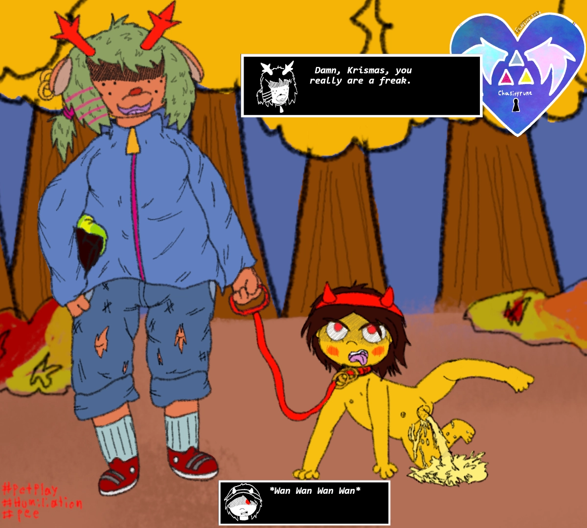Dess and Kris at the park. Kris is getting walkies and making tinkles, with their leg in the air like a proper puppy its a fun time all around. Dess holds the leash lovingly? Dess:Damn, Krismas, you really are a freak. Kris: *wan wan wan wan*

Kris is wearing their red headband and red collar connected to the leash Dess is holding.  Kris is pissing on the ground like a dog, their puppy parts flailing cutey. its running down their leg as well as spraying out onto the ground in a puddle