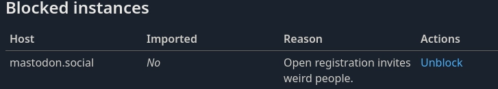 mastodon.social has been defederated for "Open registration invites weird people."