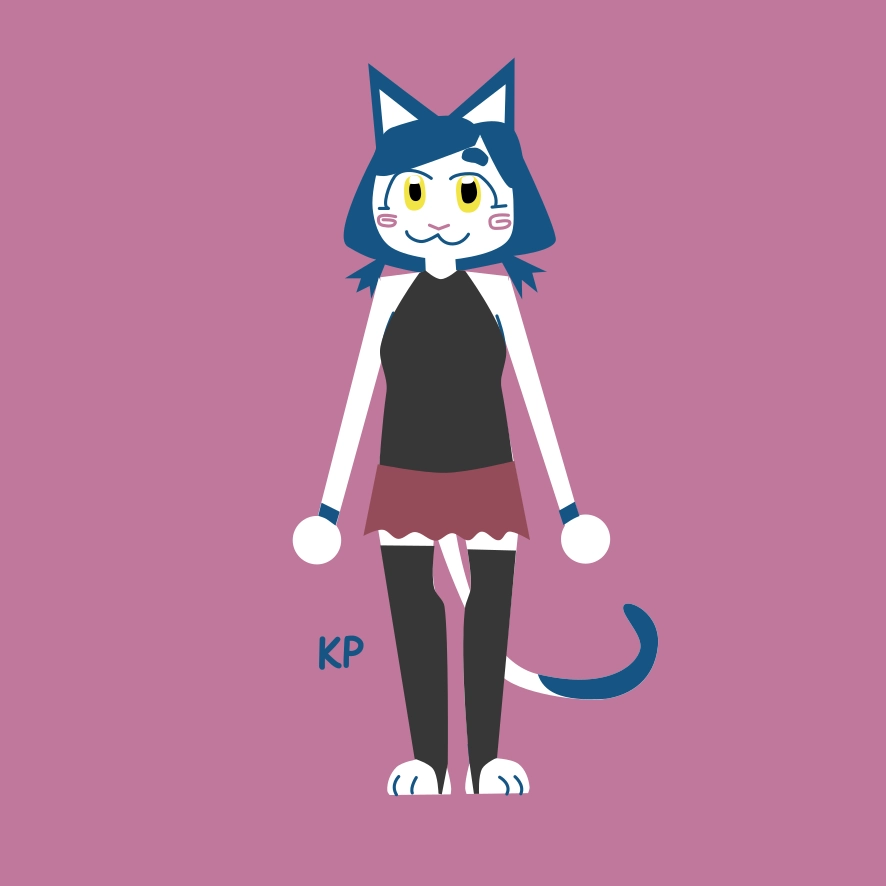 blue and white kitten with a tight shirt, short skirt, and thigh highs with stirrups