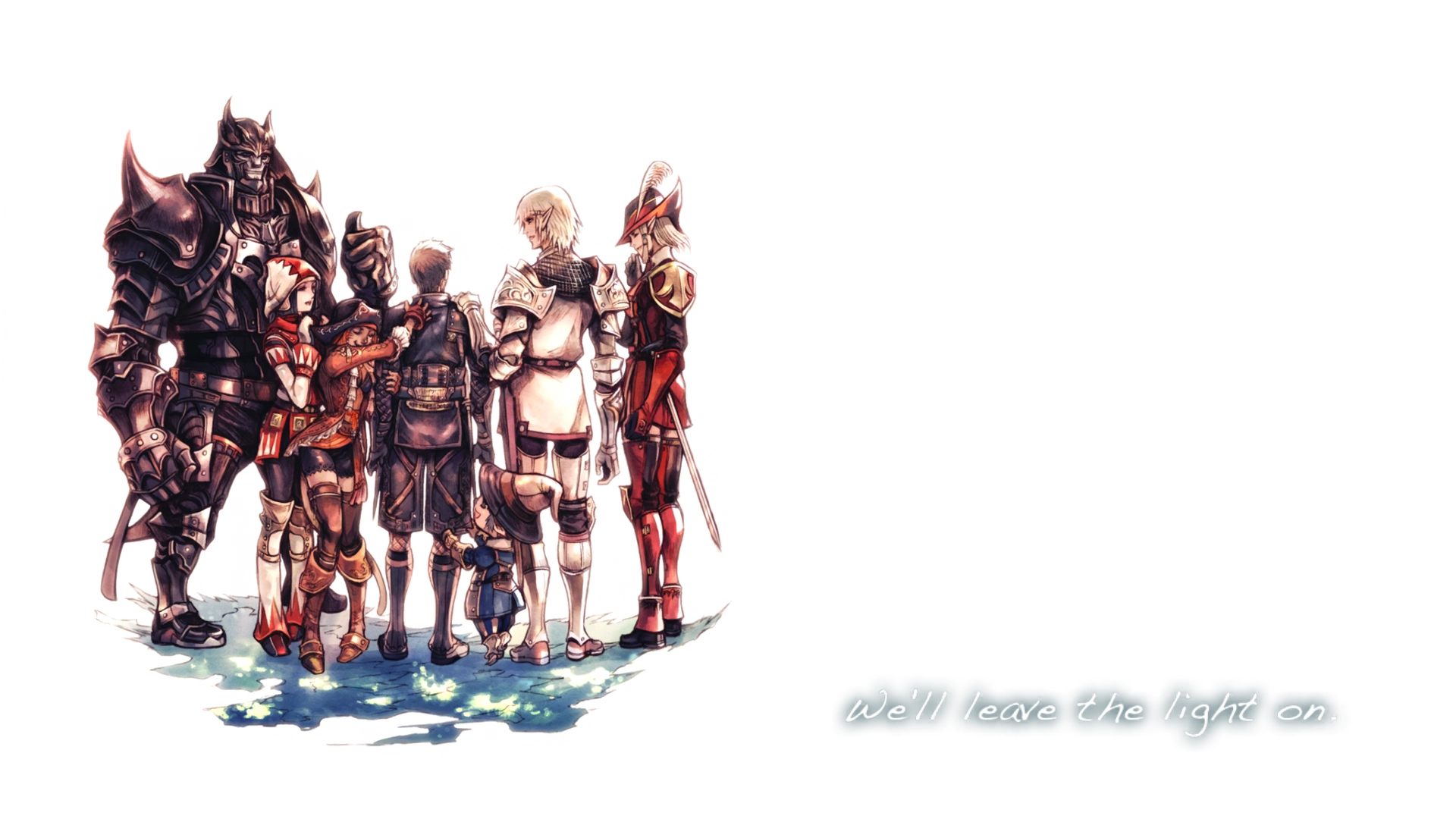 a simple splash screen featuring 6 adventurerers from Final Fantasy 11 with the text "Wel'll keep the light on."