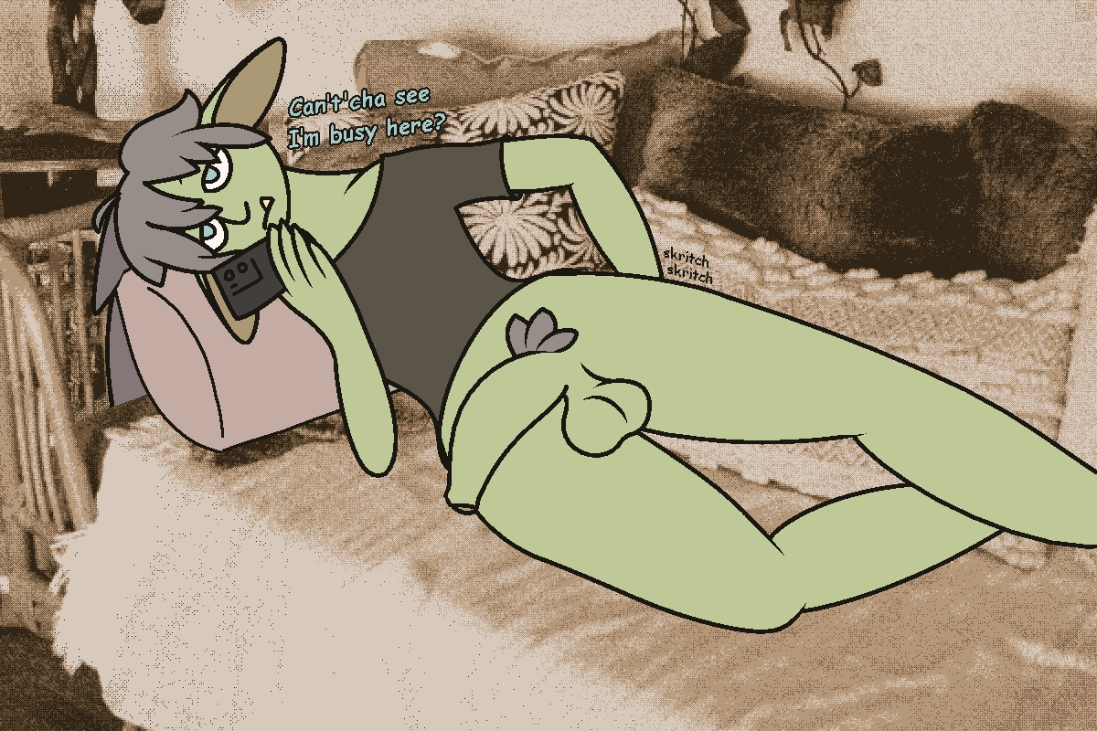goblin lying on the couch and using phone with cock and balls out, scritching butt

"Can't'cha see I'm busy here?"