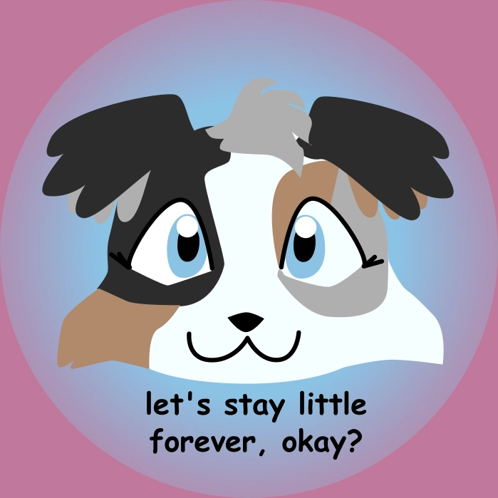 cute fluffy tricolor puppy with big eyes saying let's stay little forever, okay?