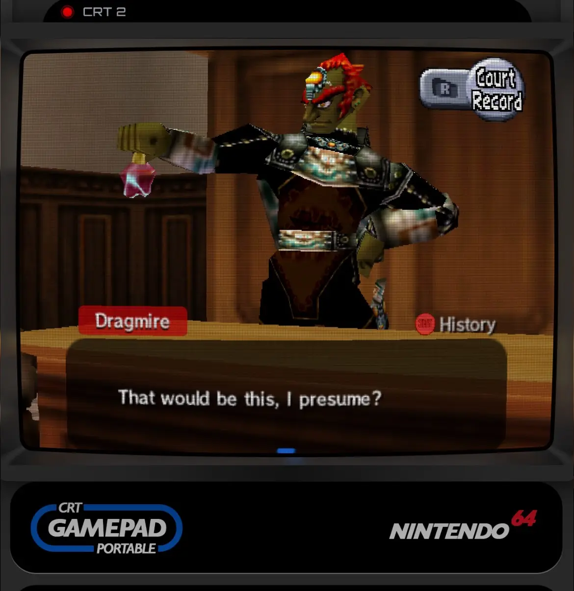 Ganondorf in Hero of Law holding up more evidence he neglected to submit into Discovery until literally the middle of the trial (a broken bottle). He says, “That would be this, I presume?”