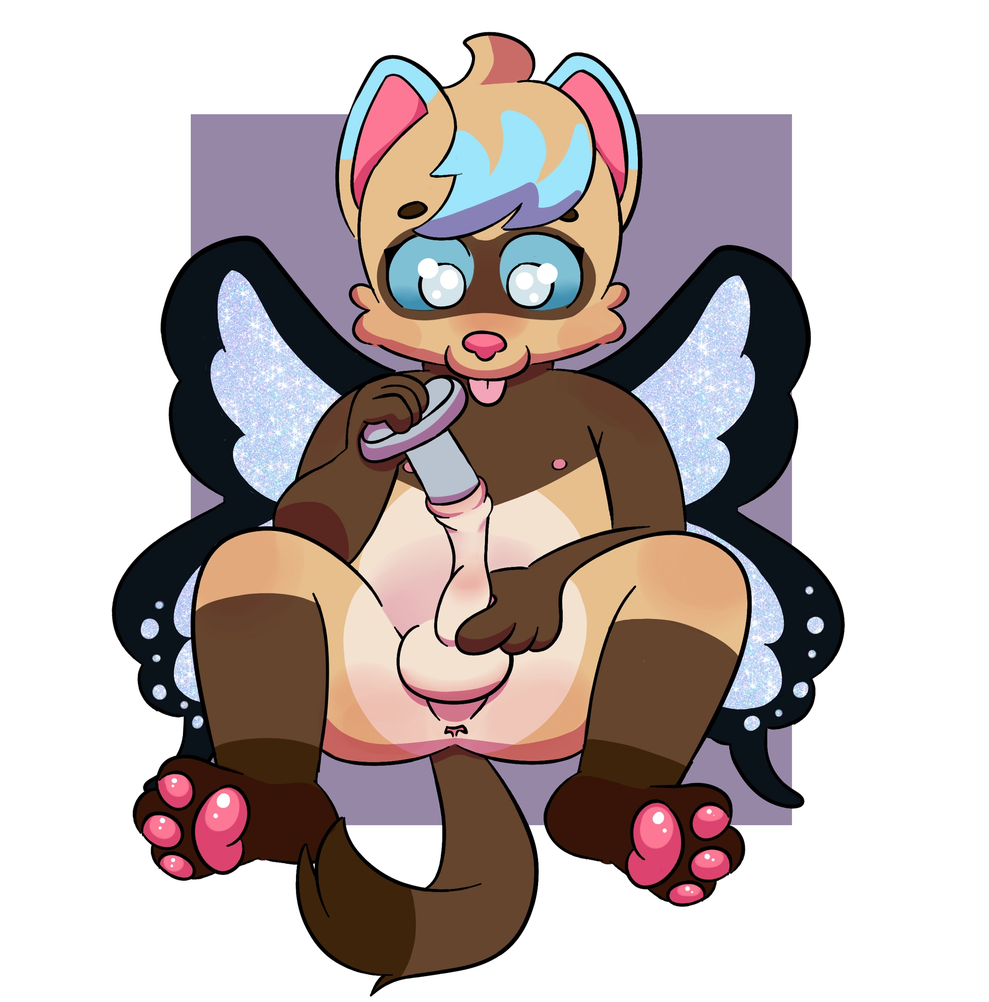 Erotic illustration of an anthro ferret male, around the age of toddlerhood engaging in docking with the shaft of a ring stacker toy.  The character is sitting leaned back with legs spread as he pulls on the toy, stretching out his foreskin as he pulls the toy about.
