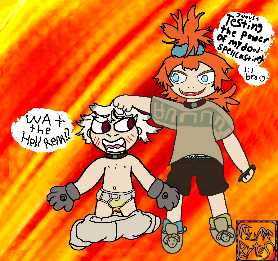 Remlin the Enby kid and and age regressed Rudo (both characters from the anime/manga Gachiakuta). Remlin and redheaded kid is petting rudo who's on his knees. his clothes, too big for him now are in a heap under him. Rudo is screaming "what the hell Rem!?" Remlin is responding "juuust testing the power of my dood- spellcasting"
there is another text bubble, smaller underneath Remlin's first: "..lil bro"
remlin's shirt is riding up just enough to see their belly button as well as the blue trim of something..perhaps a diaper?