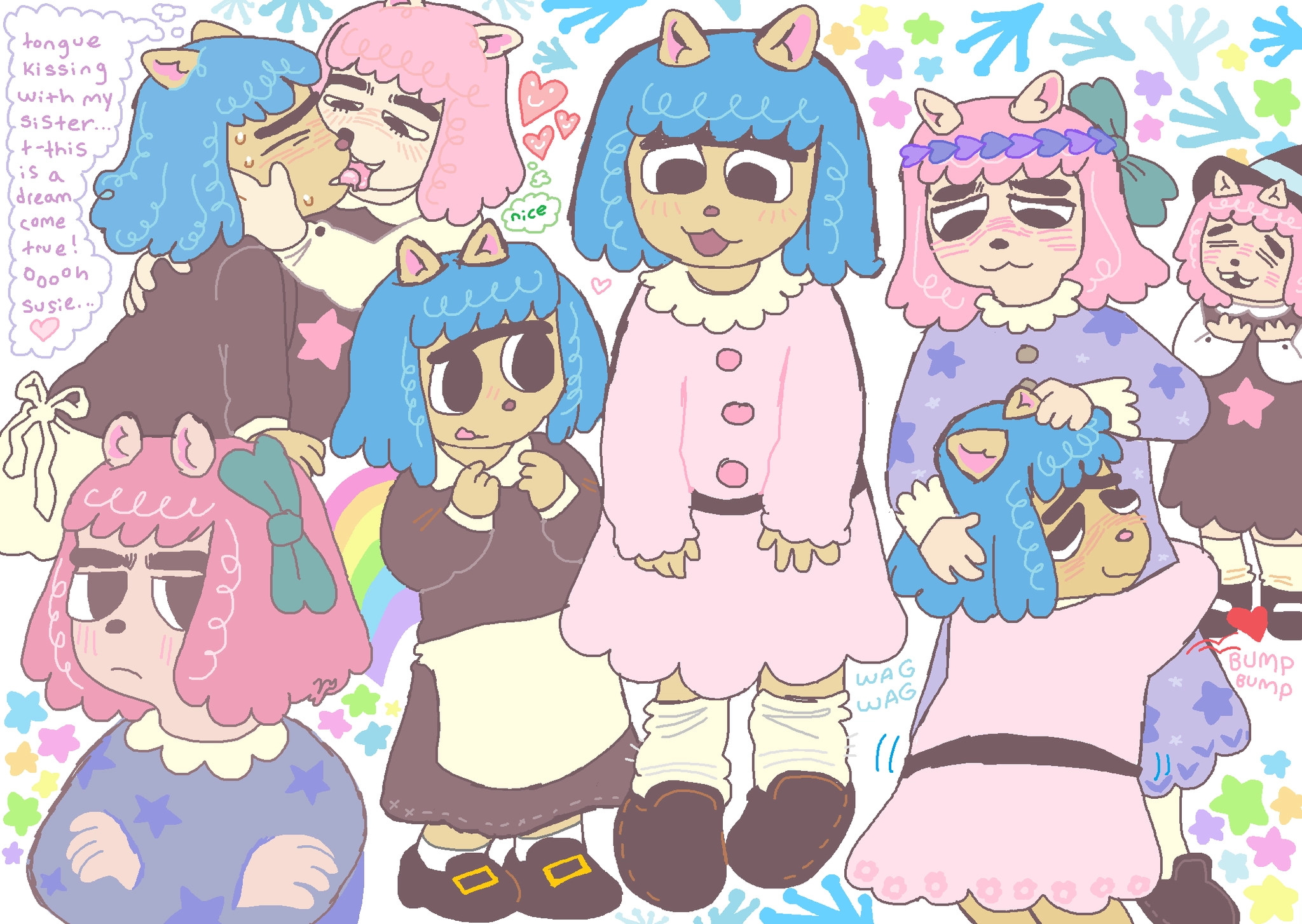 an mspaint drawing page of susie & mildred from summer camp island in various sequences. it ranges from kissing one another, holding each other, and several stand-alone drawings of susie or mildred in different outfits. in the sequence of mildred getting tongue-kissed by her sister susie, she is sweating & overwhelmed while thinking in a thought bubble "tongue kissing with my sister... t-this is a dream come true! ooooh susie." while her sister, with a confident expression thinks in a thought bubble: "nice."