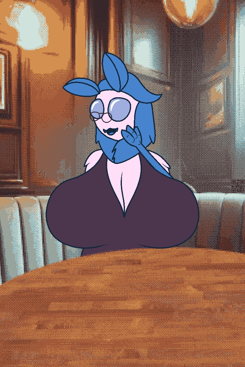 moth with very big boobs wearing a purple dress sitting across from the viewer