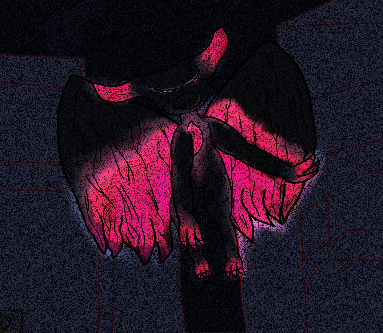 A creature floating in the dark. Its wings comprised of wrinkled flesh like a if tissue were balled up and attempted to be flattened out; full of creases forevermore. in fact all of its flesh is like that. the thing that is a dark blue, or is it grey? it glows in the dark that thing, parts of its flesh awash with light. Bioluminescent Magenta portions of flesh bloom light: comprising the base of the wings, as well as the almond shaped spot on its chest,the claws of its hands and feet, its eyes devoid of pupils and the ends of its ears? protrusions on the sides of her head glow but its unclear if they are ears. maybe they are horns? it gives the head the shape of a Jesters cap, or maybe the jersey devil. whatever this creature here, naked and in the dark; almost human but very very certainly not, is very very happy to see you.