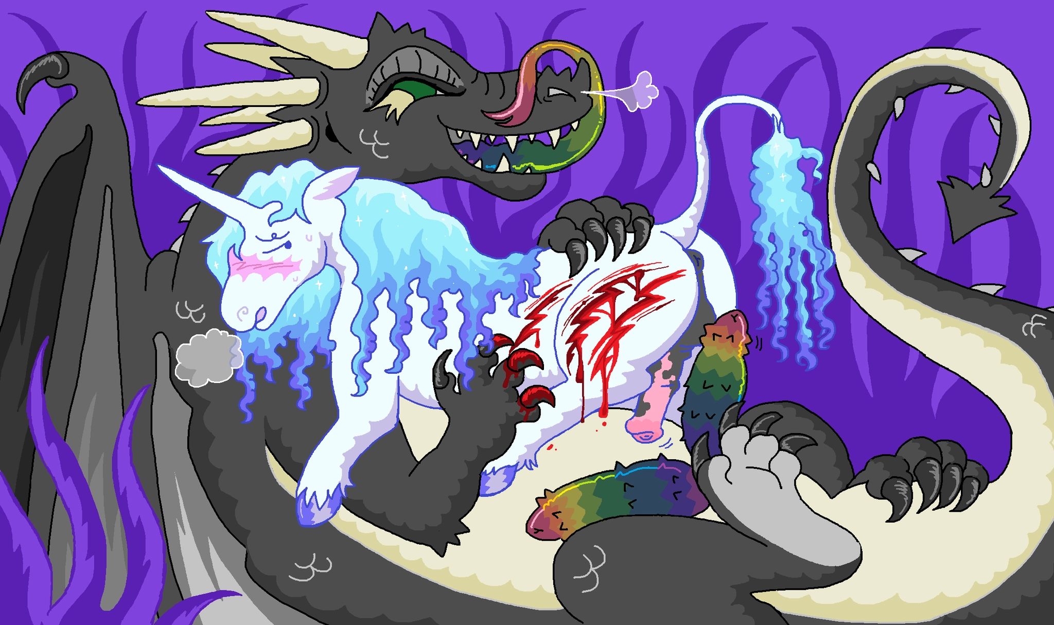 an mspaint drawing.

the background is a purple, with vague darker purple tendrils or possibly plants.

the focus of the drawing is a very pale unicorn with a long, blue curly mane and tail that turns into a gradient of purple. they are laying belly-down on top of a much larger dark dark gray dragon, who has just given the unicorn deep wounds on it's flank, evidenced by its bloody claws. the dragon also has two fully-erect, rainbow hemipenes, one of which is resting on the unicorn's testicles. the dragon has a mischievous expression as it is licking its nose with a dark, rainbow tongue. the unicorn is blushing, and has a marbled pink & gray equine penis, which is growing in size.