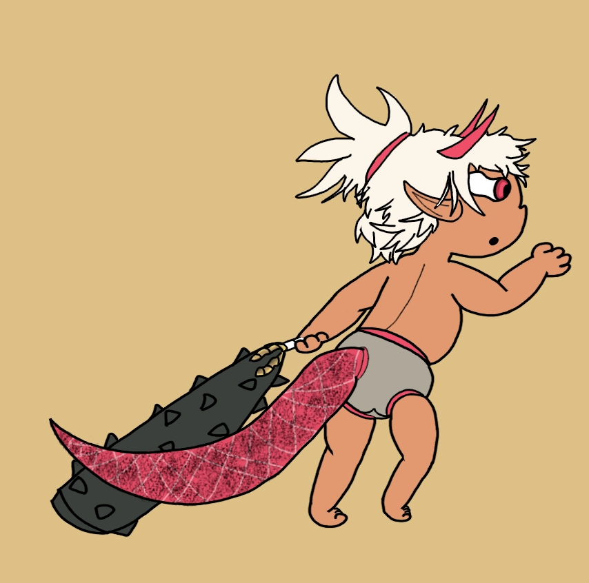 Okko from the upcoming metroidvania Okko the exiled. he's a lil dark skinned shota with white hair, red eyes and horns, with a dragon tail. he's dragging a oni club behind him and he's in some grey and red briefs