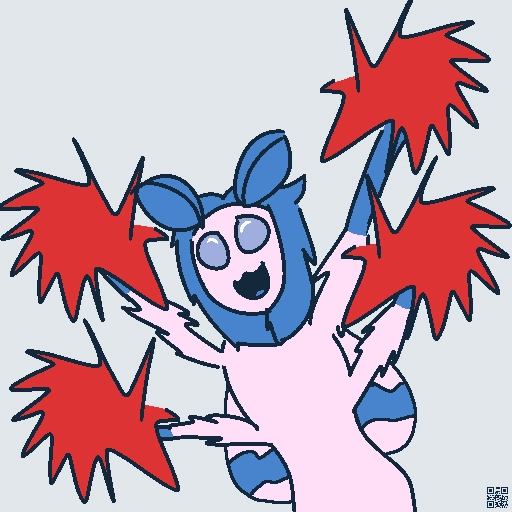 anthropomorphic moth with four arms, holding out four pom poms and smiling