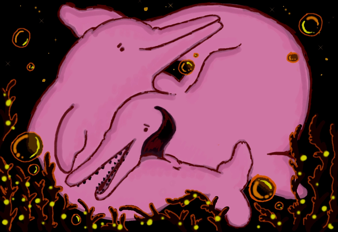 a very dark scene of two pink river dolphins. one has their mouth slightly open, with their cheek resting on the other dolphin's penis. the erect dolphin is curled against the other dolphin's face. there are bubbles, kelp, and orbs all around, but mostly underneath the two.