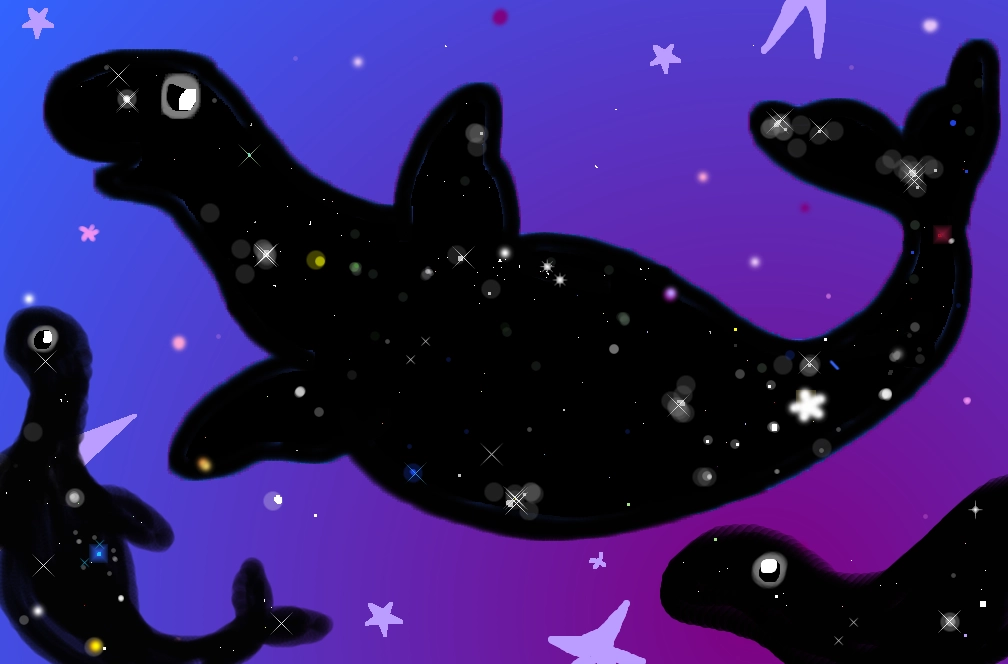 a night scene. the background is a blue-to-purple gradient with many purple stars.  a black dinosaur-like creature with a long neck and fins and a long finned tail is gliding through the air. its scales are stars and are sparkling as such, with a big, white sparkle near it's anus. there are multiple smaller, galaxy creatures around them, but the adult takes up most of the picture. it is looking at itself.