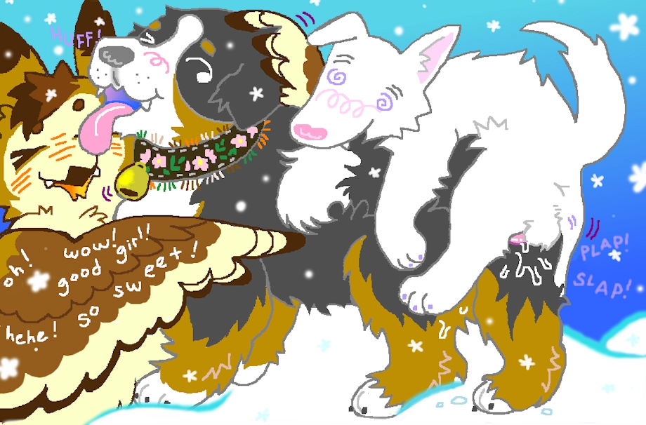 a tuxpaint drawing in a snowing outdoor scene. a  bermese mountain dog is to the front, mounted by an entirely white dog, thrusting their dog penis inside of the bermese mountain dog, whose genitals are not visible. the white dog has swirly eyes, and is biting the tail of the dog below it, who is panting, with a long tongue out. there is a owl who is caressing the mountain dog, with closed eyes excitedly praising them with phrases such as: "oh! wow! good girl! hehe! so sweet!" snow is all around, with more falling from the sky.