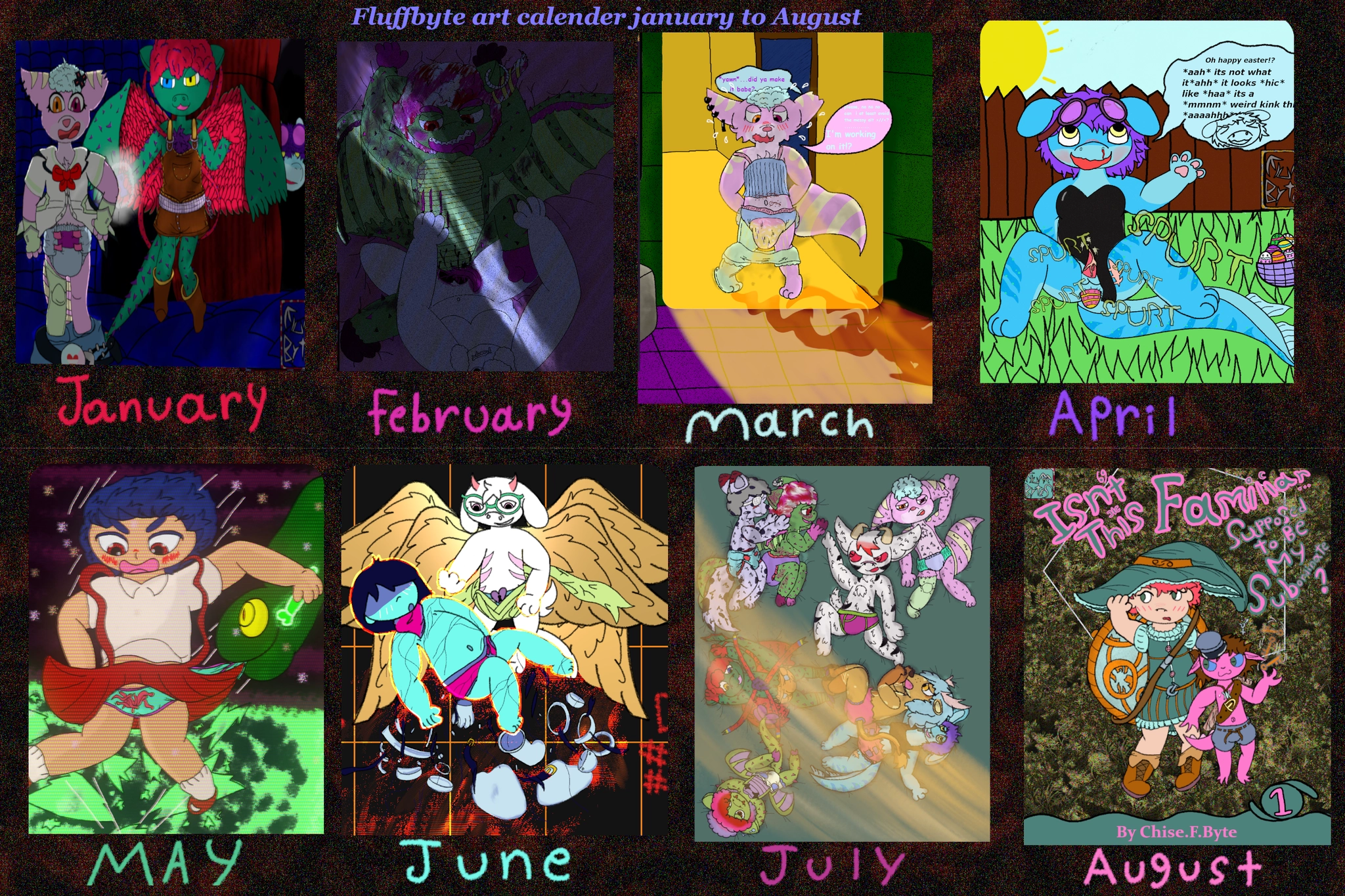 an eight month recap of some of fluffbyte's noteworthy art from january to august.
january: babyfur art of a dragon fruit dragon pantsing a Fennec Foxcat
February: dragonfruit dragon (cub) getting fucked by a white elderich doggirl in a gritty darkness
March: Fennec a blushy Foxcat cub waddling to the bathroom with a filling diaper, trying to make it to the toilet before she shits herself too
april: a transfemme sharkbun cub cumming in the middle of a converstation while sitting on a lawn in an anime bunnygirl onepiece while laying easter eggs
May: Fanart of Junkoid from Super Junkoid, a schoolgirl loli. she's being upskirted in the process of being saved from falling thru ice by a snake.
June: Deltarune Fanart of Ralsei 6 angel wings magically stripping (blue) Kris of their armor leaving them only in their undies.
July: A cuddlepuddle of little version of eight different fluffbyte headmates, all in underwear, some of them diapers.
August: oc art, a cover of a maybe book? looks like it would be a manga or light novel? a white (human) redheaded witch girl (loli) with a giant fancy disk on her back  (its the thing Astrologian mages use to cast) next to a pink goblin tossing a key up and down smugly.