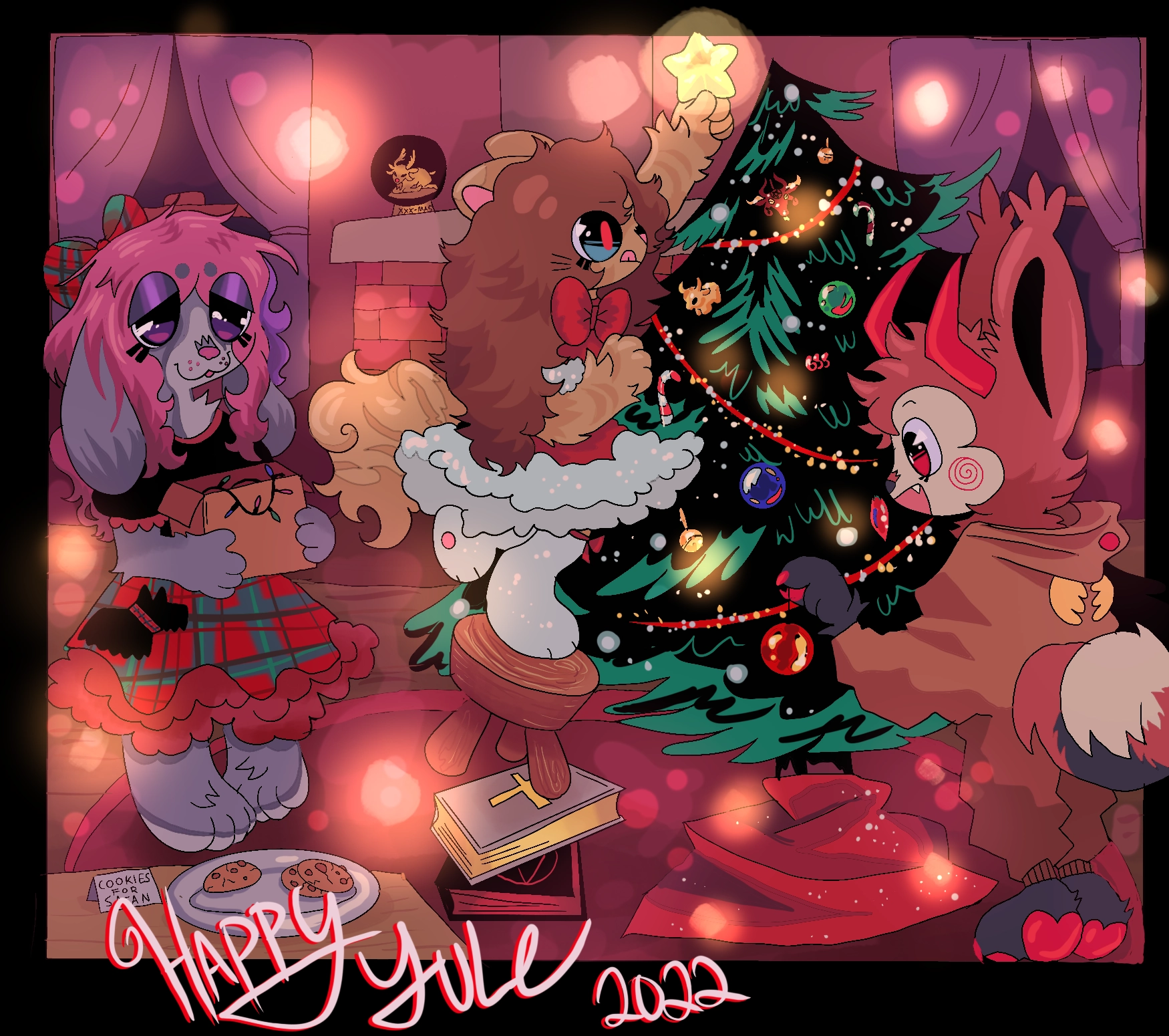 Three underage furries celebrating Yule.