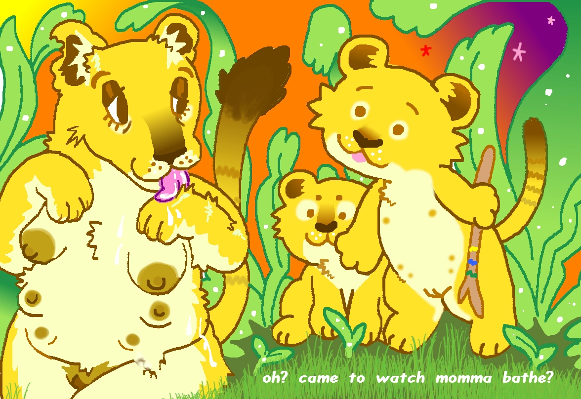a tuxpaint scene.

to the left, there is a mother lioness licking her paw, with her other on top of her breast. she has a chubby body and wrinkles under her eyes, she also has six feline breasts. her two cubs come by, one is holding a colored stick, and is tilting her head curiously at her naked mother. the cub's little sister sits on the ground by her sister cub's peeking under her mother's tail. there are tall green, white speckled plants all around and the sun is setting into a purple. there is white text that reads: "oh? come to watch momma bathe?"