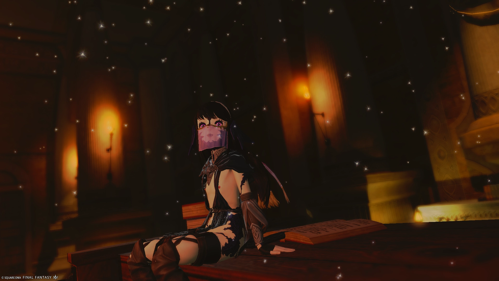 goth au ra loli in a skimpy outfit chilling in the thaumaturge's guild