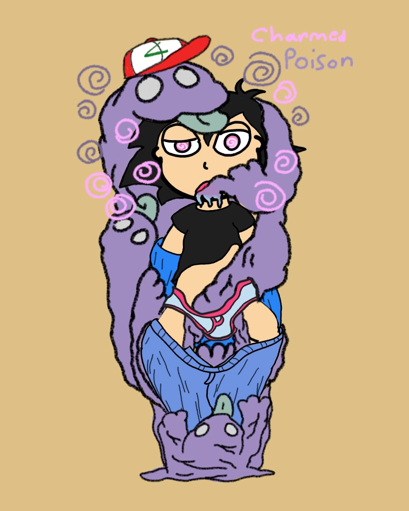 ash from pokemon getting molested by a gaggle of muk. he's been poisoned and charmed,has eye swirls and has his clothes sliding off with a muk's hand down his tighty whities