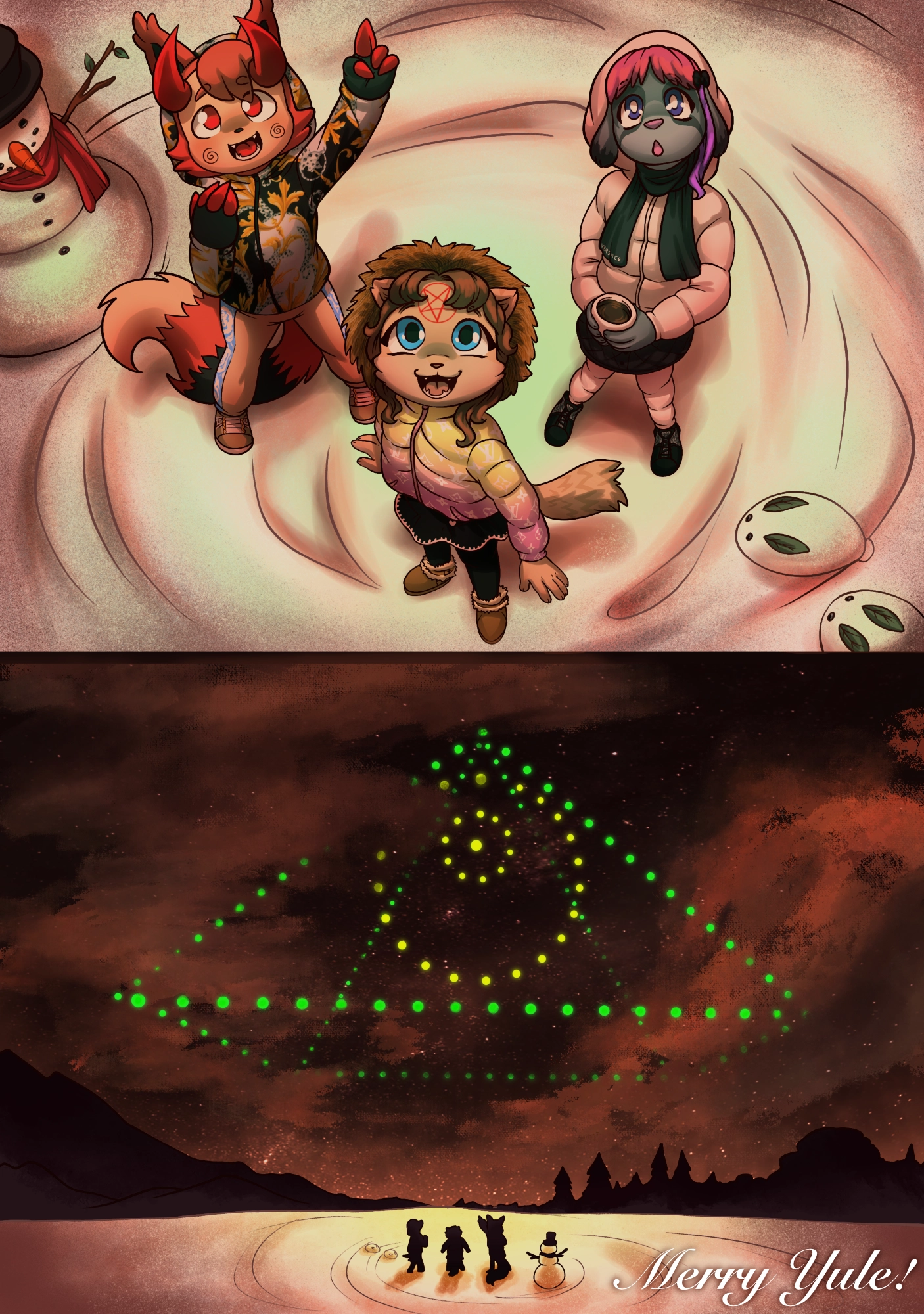 Three underage furries looking at a drone show.