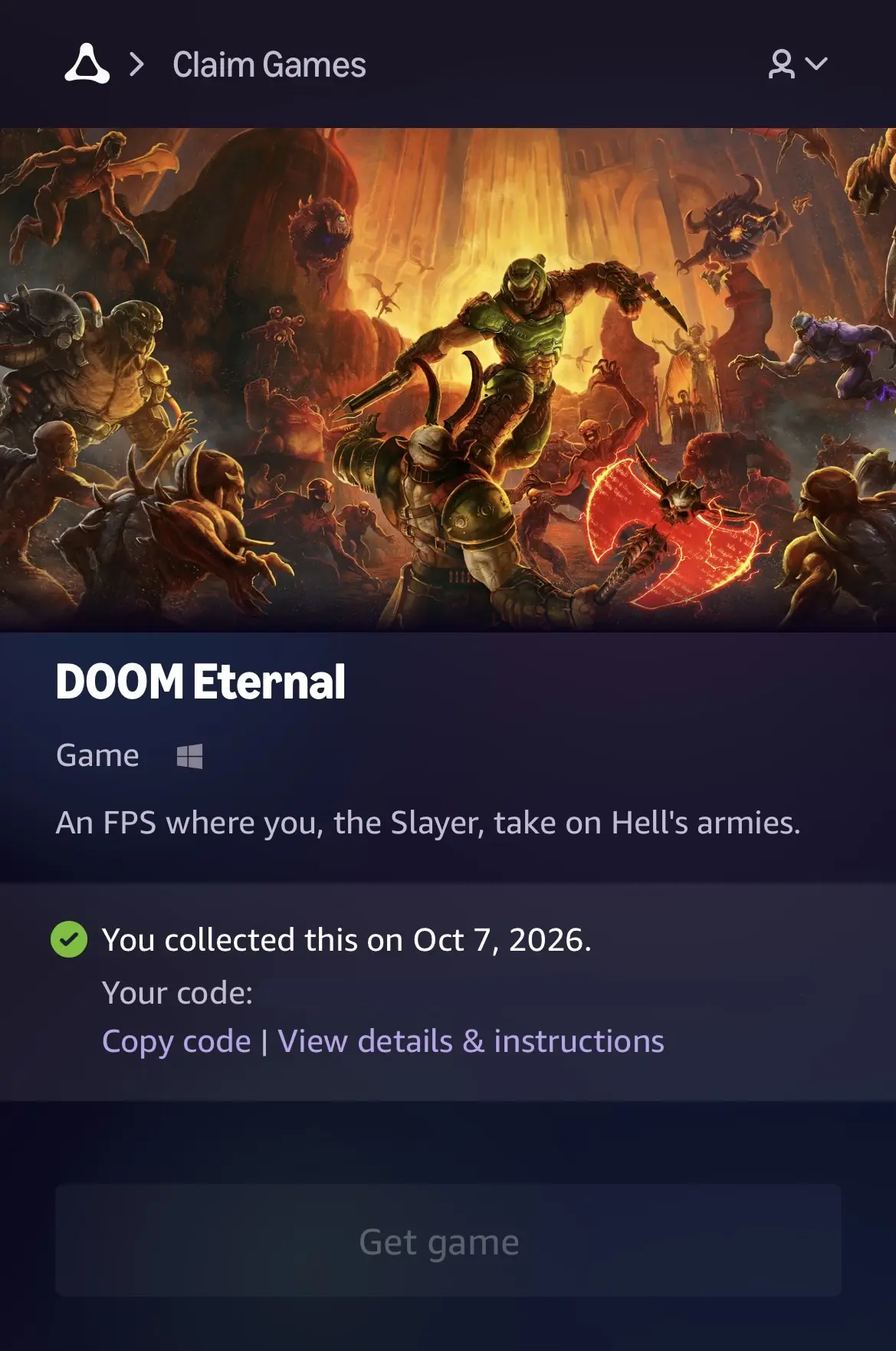 Claim game: DOOM Eternal (Microsoft Store)