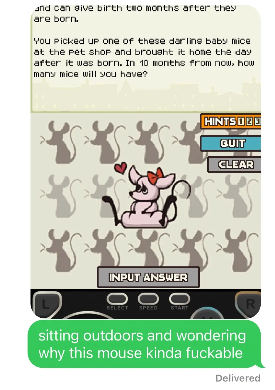 Screenshot of a conversation between me and my husband.

i sent a screenshot of a Professor Layton: The Curious Village puzzle, which depicts a light pink girl mouse with her legs spread wide open and herself splayed out. She’s got long eyelashes, a cute red blowing and she’s blowing a red heart