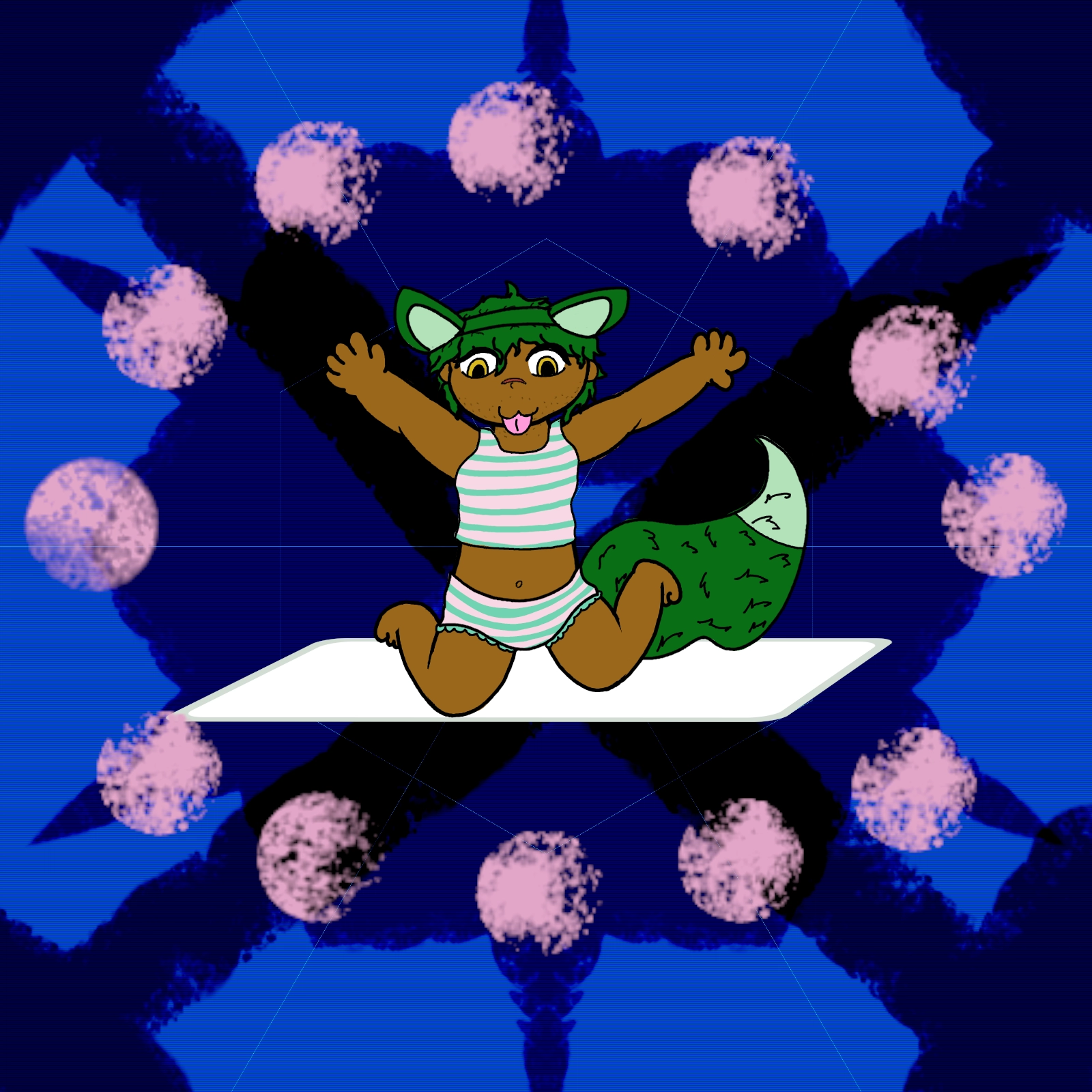 a black trans puppygirl in a shimapan bra/panty set on an underpad with her arms splayed out and her tounge drooping out. she is very happy. she's wearing fox ears and a tail, which are green;the same color as her hair. there is a trippy blue background and circle of pink orbs around her that appar to represent a celestial clock