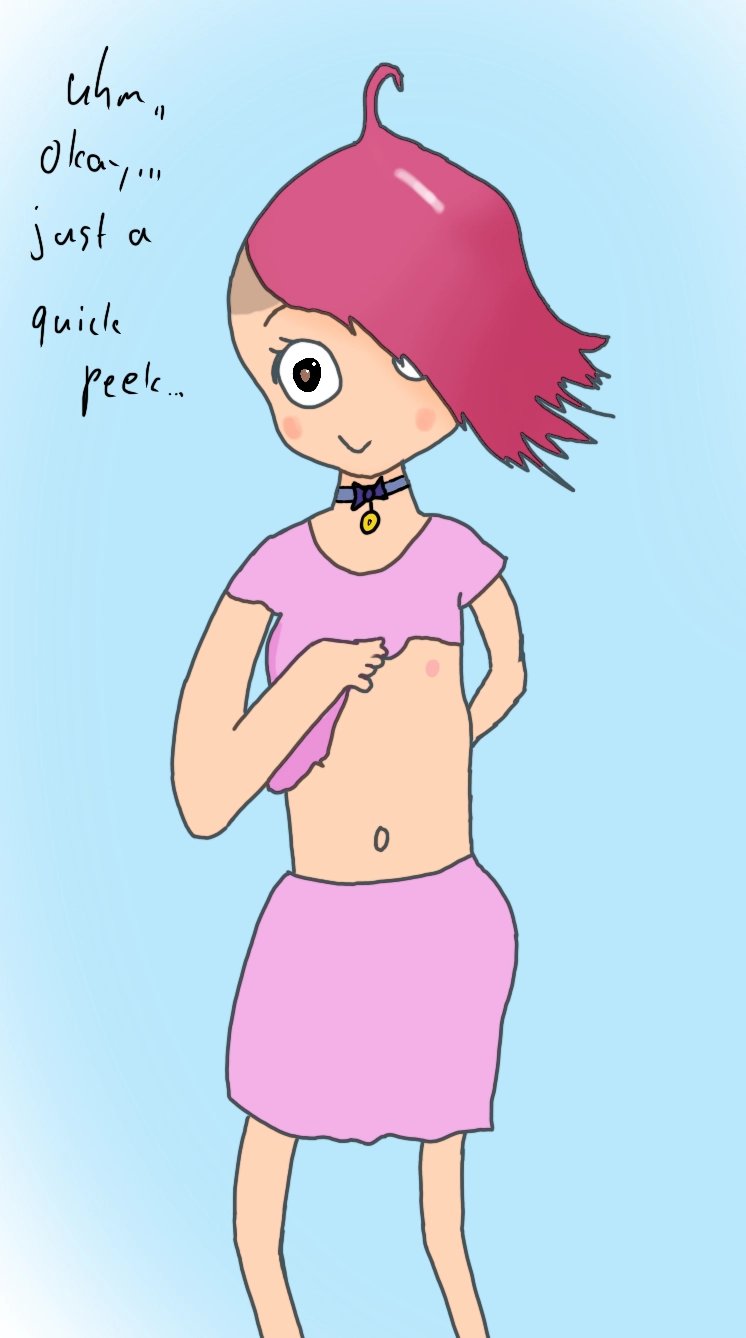 drawing of me, a girl with a pink sidecut and a blue collar lifting my pink shirt a little, saying "uhm,, okay,, just a quick peek..."