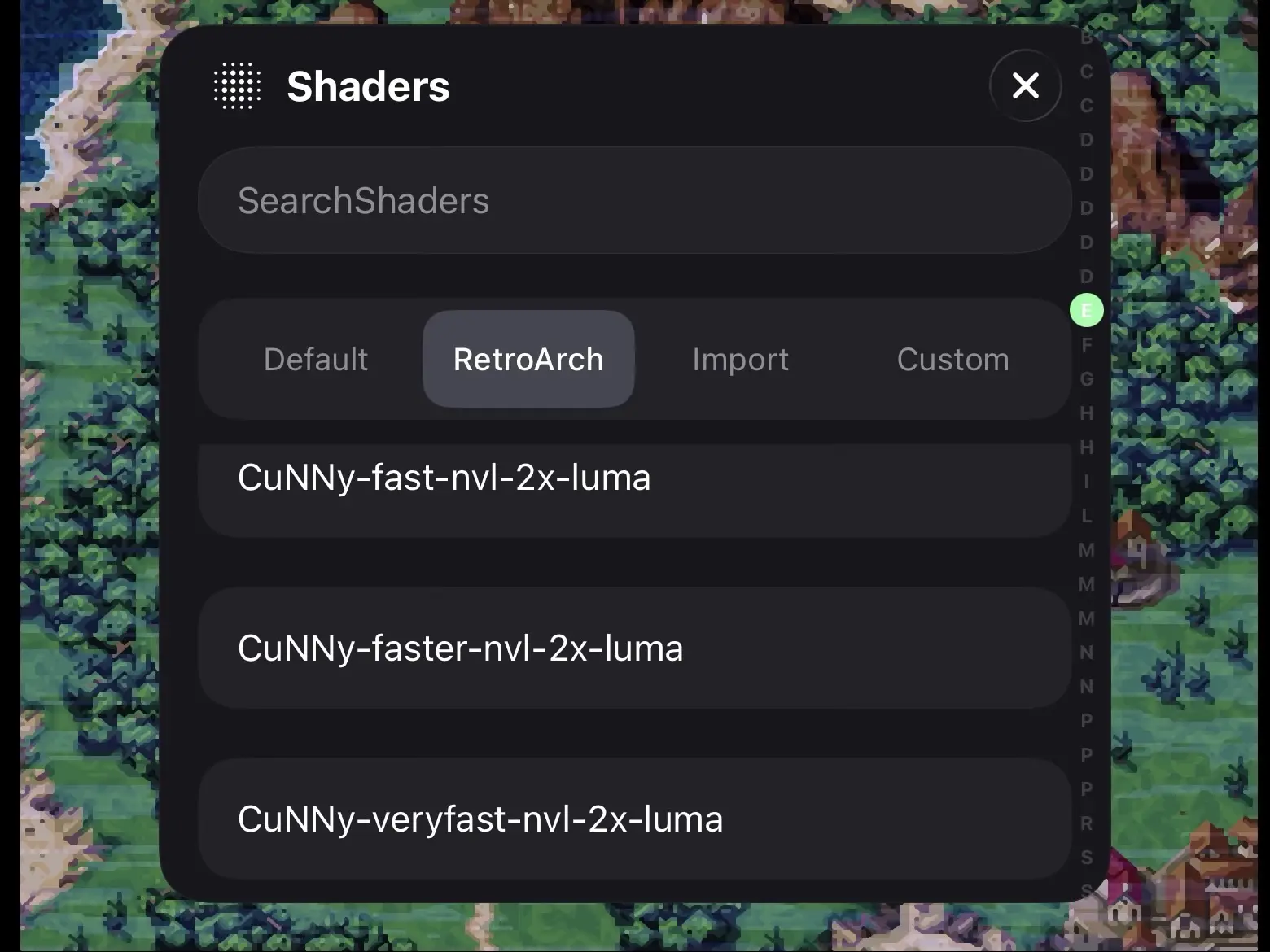 Shader selection screen in Manic EMU for iOS, 3 shaders are available from RetroArch’s library, all 3 have CuNNy in the name

(game in background is Chrono Trigger)