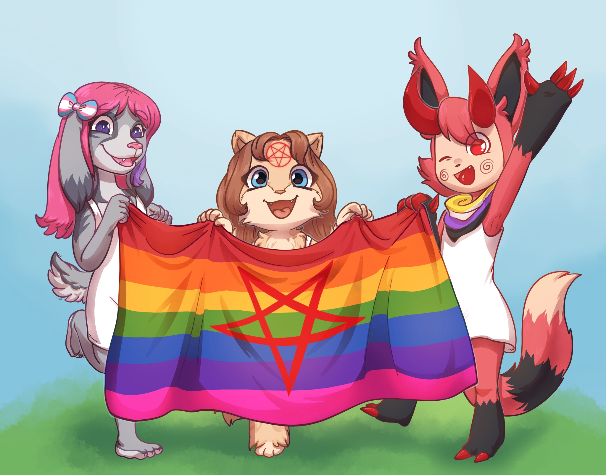 Three underage furries are holding up a pride flag with a red pentagram on it. One is transgender, one is nonbinary and they're all pan/bi.
