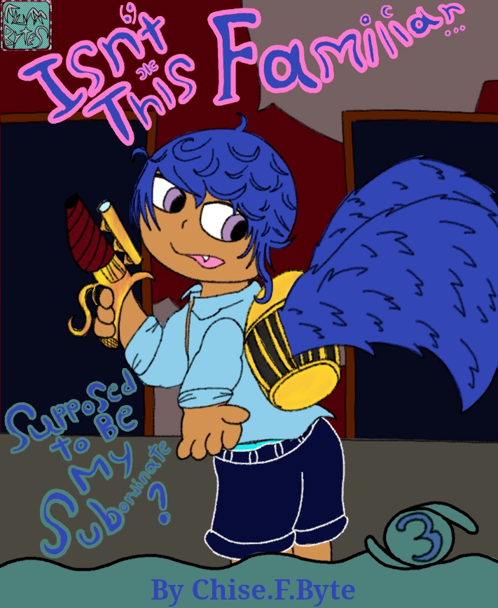 a cover of a book that doesnt exist. The title : Isn't this familiar supposed to be my subordinate? the cover shows a blue hair dark skinned shota holding his hand out to the viewer in the hallway of a dilapidated apartment building.he's wearing a uniform of some sort. dark blue shorts and a light blue polo. he's holding a fancy looking gold pistol and he has a cage on his back which has blue wings that are roughly half his height sticking out of it. the creature the wings belong to cannot be seen. he has lilac eyes and that one sharp tooth that protrudes past his lips that in anime art is associated with tsudere and mischievous characters.