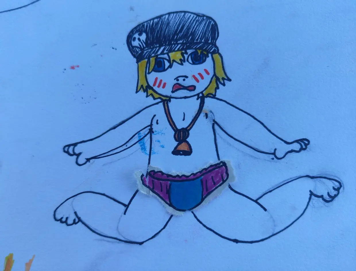 A near duplicate sketch of Rhyme however this is the original. she is wearing the same papercraft pull up however in this version the skull pin is drawn and the hat is shaded differently. there are more differences however: her expression is one of embarrassment. she is blushing and has a partially open wobbly line for a mouth. this version has a few more mistakes and u can see smudges where the pencil version was erased underneath. both versions were done in marker. and this version is on white, lineless paper instead of yellow.