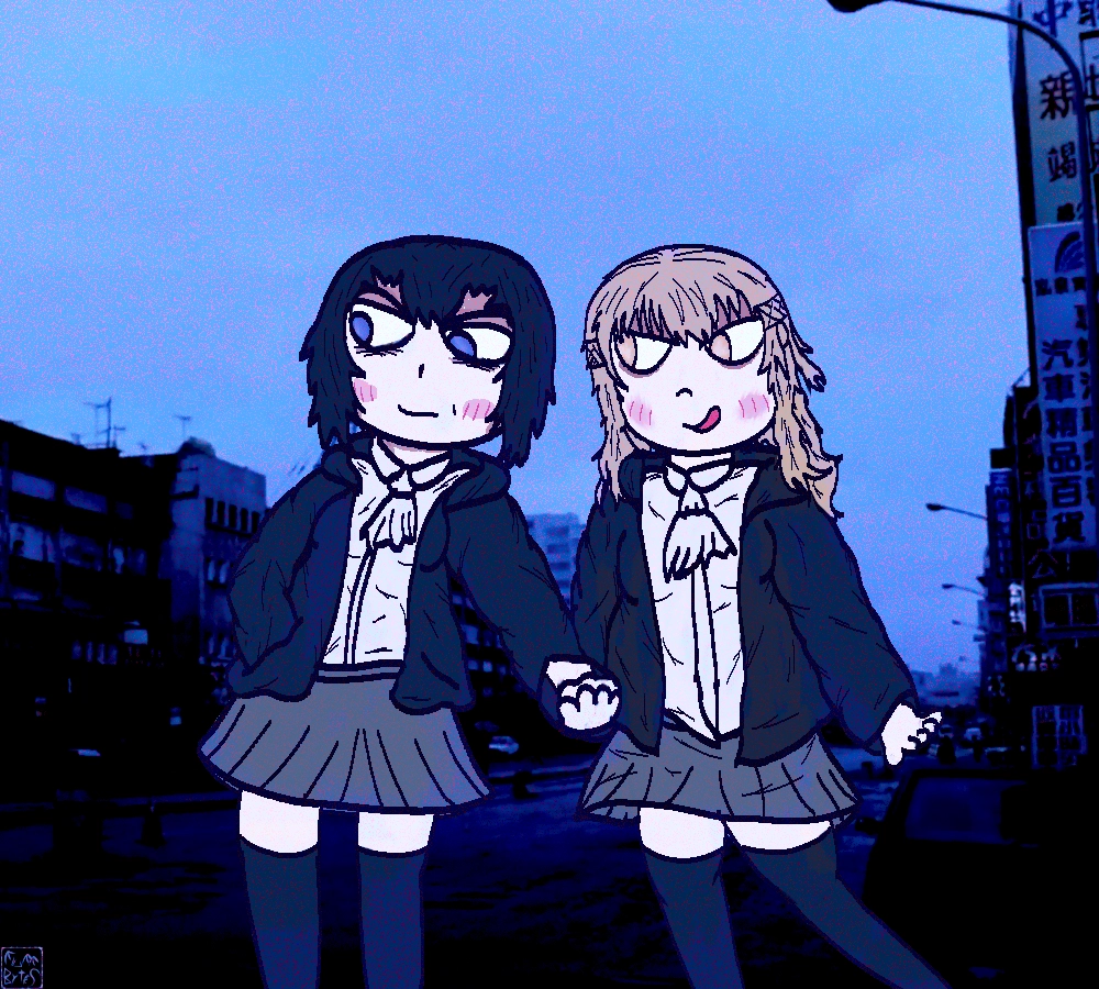moe style drawing of two high school girls walking down a street home from school, they are holding hands and blushing. the dark haired one,Yue Qing, has bags under her eyes and is gloomy. her girlfriend ,Fang Yu , is blonde and excitable, looking smug.