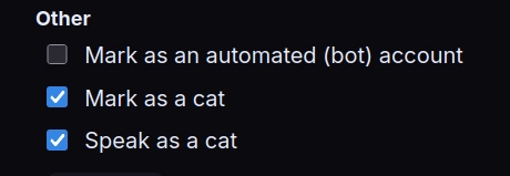 Mark as automated account; Mark as a cat; Speak as a cat