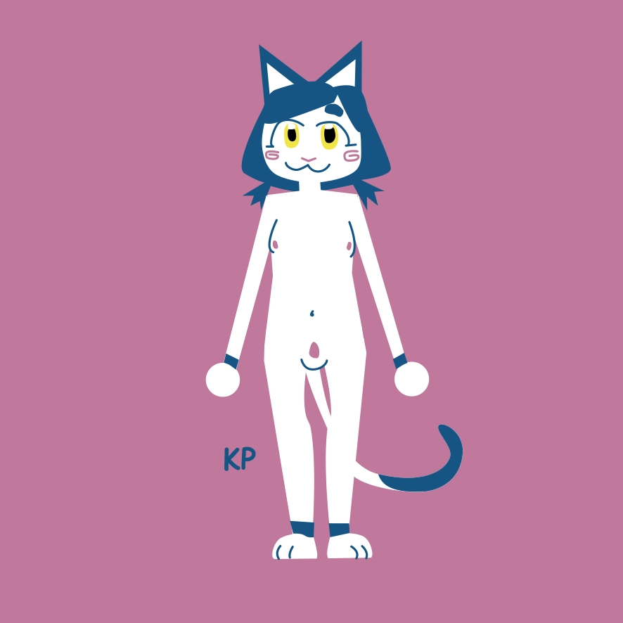 blue and white kitten with no clothes on so you can see her nipples and her weenie