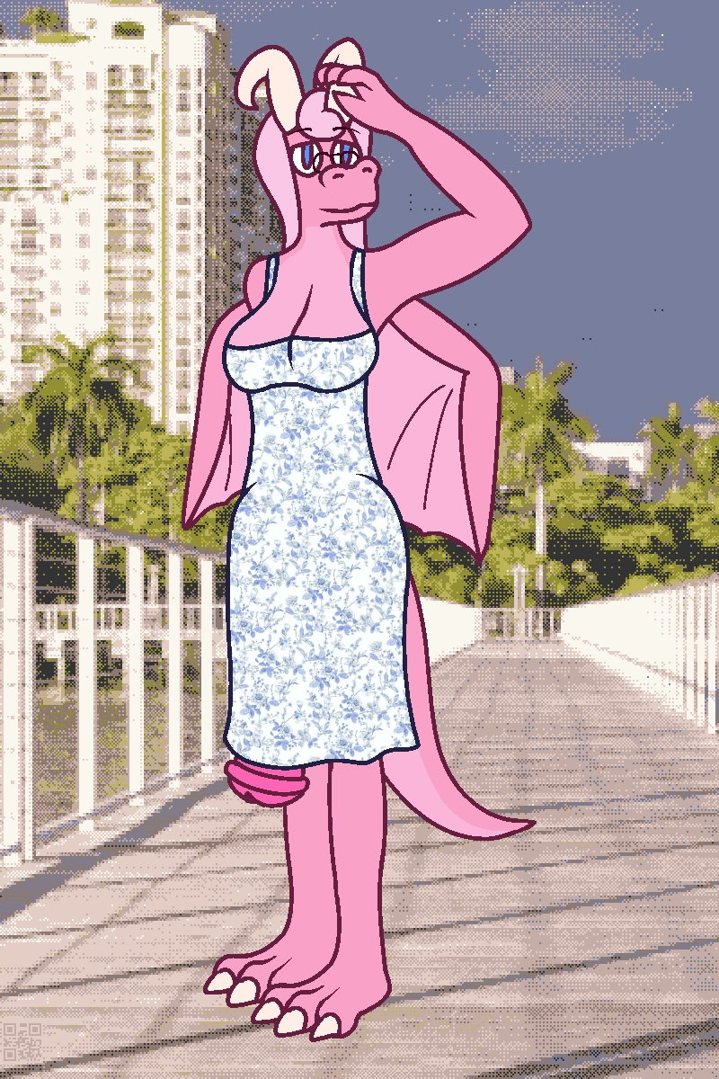 Pink anthropomorphic dragon in a blue floral print sundress on a boardwalk, with the tip of her large penis poking out from under the dress