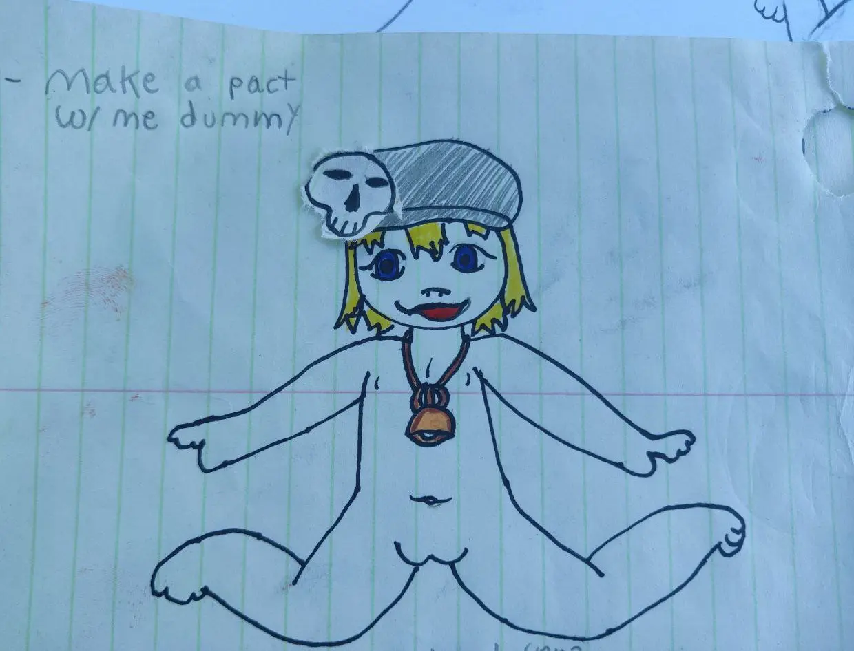 Alt of the first pic. A sketch on yellow lined notebook paper of a blonde haired loli and deep blue eyes; legs splayed and arms open wide with a proud and cloying expression. She is Rhyme from the hit DS game the world ends with you, she's wearing her signature black beanie and bronze bell necklace. 
there are paper doll skull pin on her hat, otherwise she is nude.
the beanie eyes necklace and hair are the only things colored so her skin takes on the color of the paper.
there is text above her head speaking to the viewer: "make a pact with me,dummy"
underneath her reads: Treblesday Layer 2