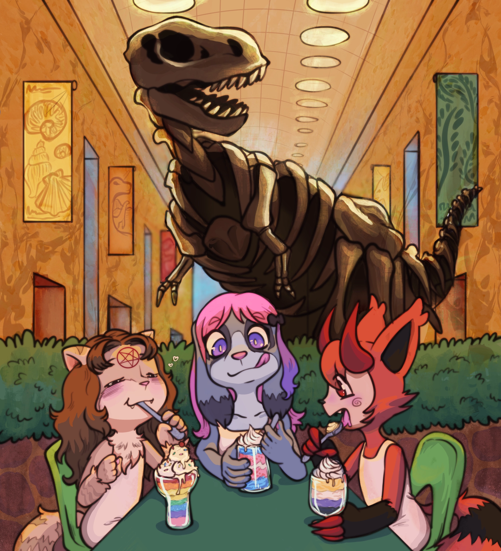 Three underage furries eating pride colored ice cream in a history museum.