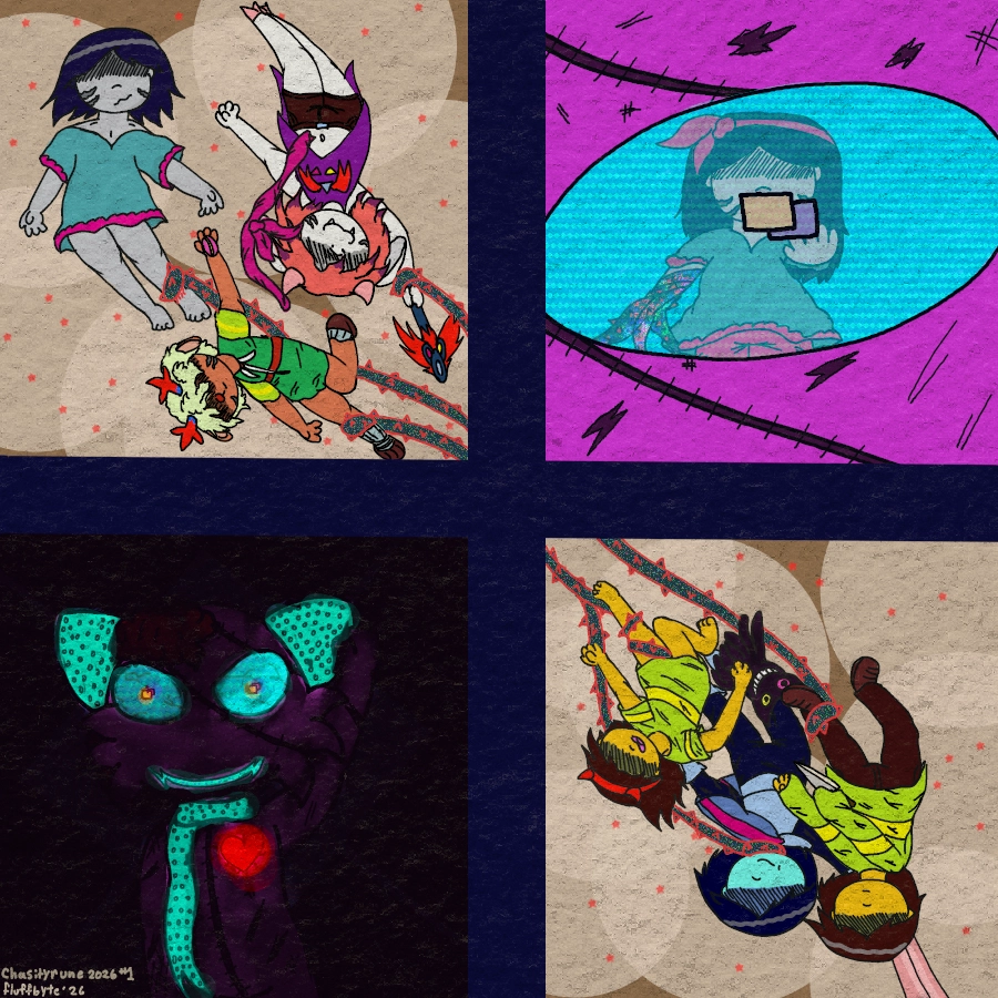 textless version of the comic.

panel 1
Risk with hand to the screen that is the inside of our eye, or rather the eye of our body's sona which is a purple anamatronic that is haunted by our souls. Its intended to be melancholy, harking on the fact that u cannot see who operates Fluffbyte without being told.

panel 2
a Our Kris fictive, Riskbyte, floating in the void, with two alternate forms of themself. one is a goat monster like the dreamur's the other is a Deer monster like the holidays. they are all being held on to by twisted thorn tendrils that stretch offscreen

panel 3
in a mirror to the panel with Risk and their potential sonas is 3 versions of Kris Dreamur. one the main version you play in deltarune, another  is their darkworld counterpart, and last is a younger Kris that is wearing the devil headband and is holding a Friend plush. all three are ensnared by the same thorny tendrils that trail offscreen. since this panel and the one it mirrors are diagonally across from eachother it appears the six enby are connected.

panel 4
a medium close up of our body's sona. it is bathed in darkness. a heart glows on its chest. simularly blue lights ebb from LEDs in its scarf,eyes, ears, and mouth. its waving at the viewer. the shot is a bot uncanny but not exactly scary.