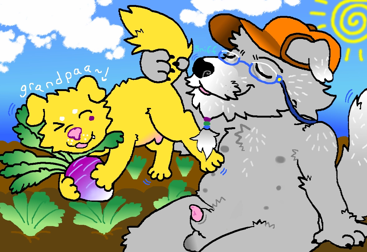 a tuxpaint drawing.

there is a scene set outdoors in a field of turnips, where a gray, grandpa dog wearing blue glasses with a strap and an orange hat lifts up his yellow pup grandson and sniffs his butt with closed eyed. the grandpa has white patches of fur, and a slightly exposed canine penis peeking out from his sheath. the grandson puppy is yellow all over aside from his pink nose and belly. he is winking, while holding a freshly picked turnip, and whining: "grandpaa~!" in the sky is a big, swirly, yellow sun and clouds.